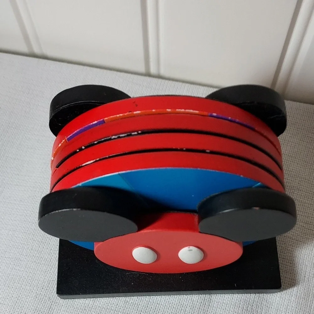 Disney Mickey Mouse Wooden Coaster Set with Holder Red Blue 4pc One‎ Size